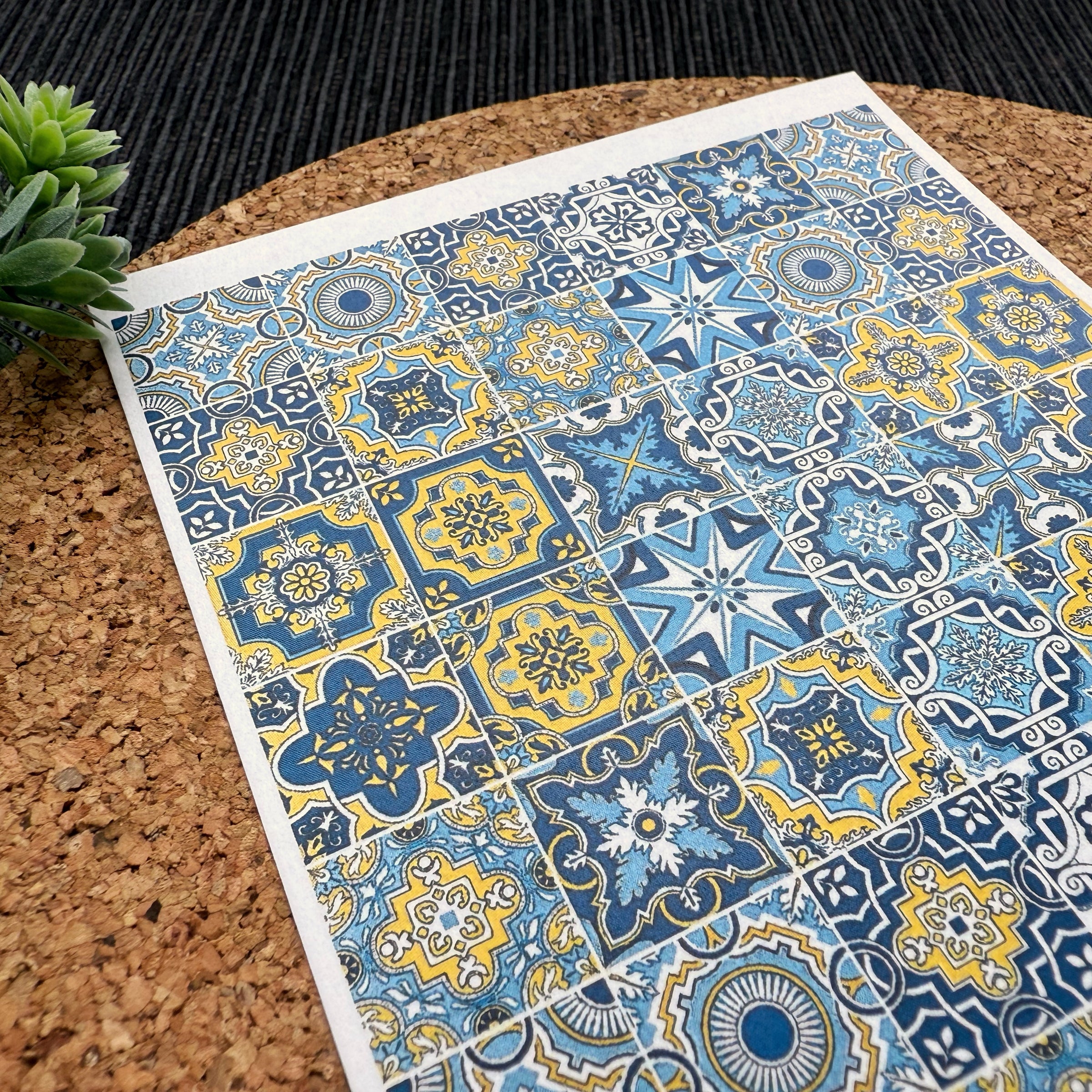 Mediterranean Tiles Polymer Clay Transfer Sheet – Blue & Yellow Pattern for Summer Crafts