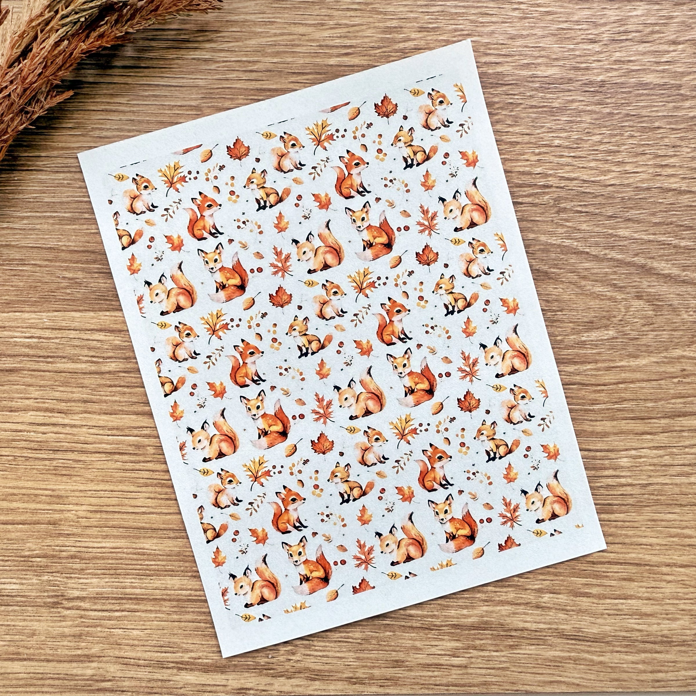Woodland Creatures Polymer Clay Transfer Sheet – Fox, Squirrel & Fall Leaves Pattern (3.9"x5")