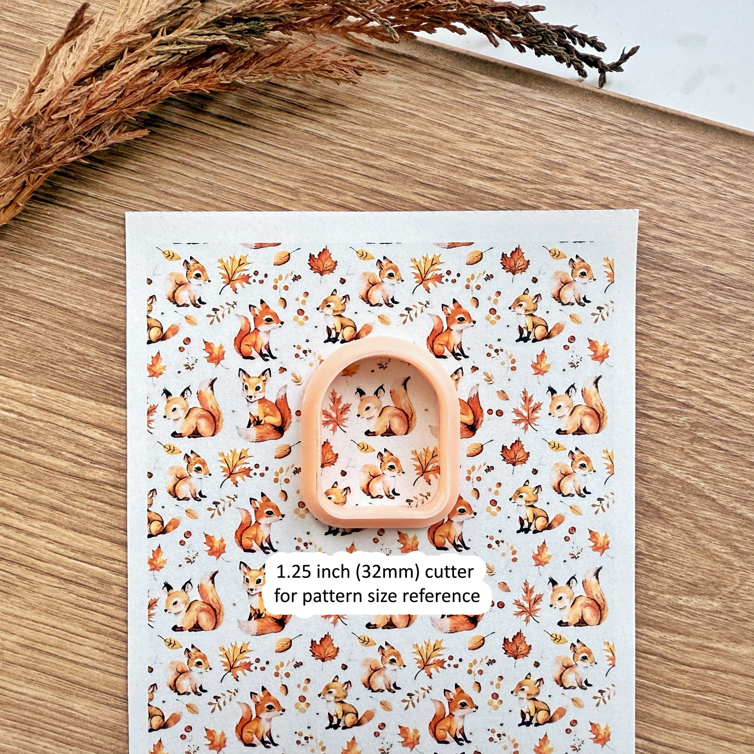 Woodland Creatures Polymer Clay Transfer Sheet – Fox, Squirrel & Fall Leaves Pattern (3.9"x5")