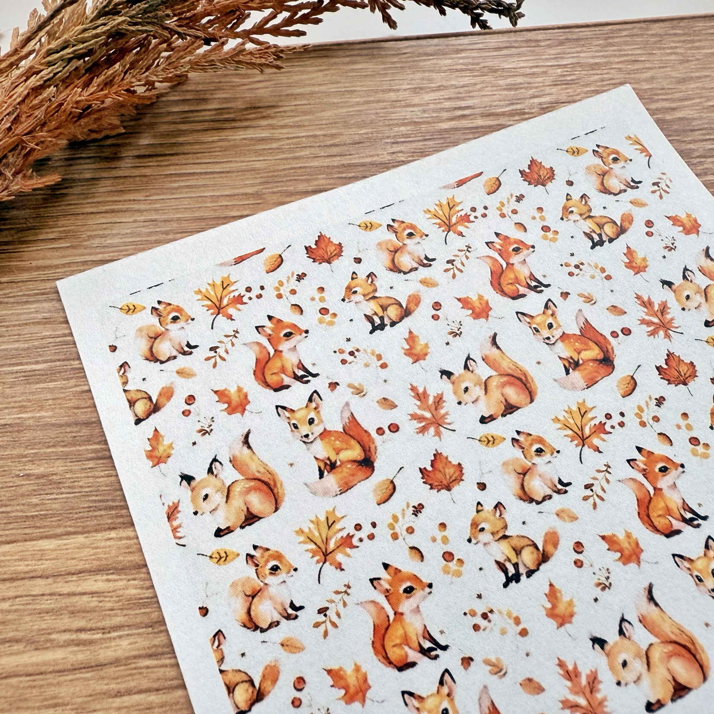Woodland Creatures Polymer Clay Transfer Sheet – Fox, Squirrel & Fall Leaves Pattern (3.9"x5")