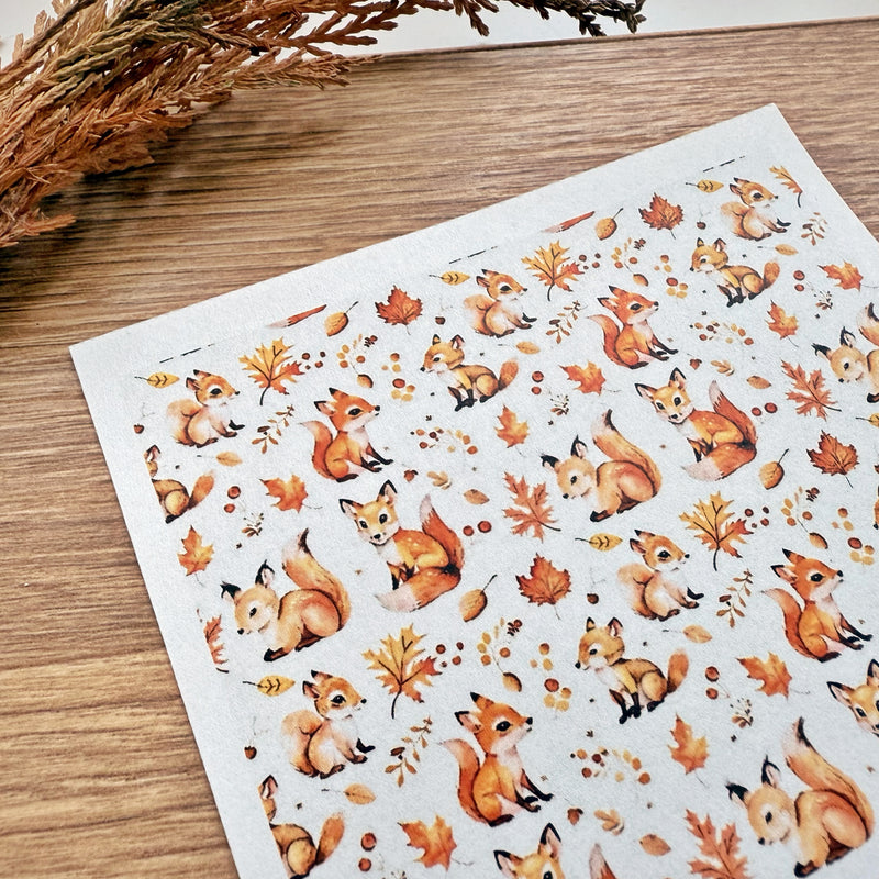 Woodland Creatures Polymer Clay Transfer Sheet – Fox, Squirrel & Fall Leaves Pattern (3.9"x5")