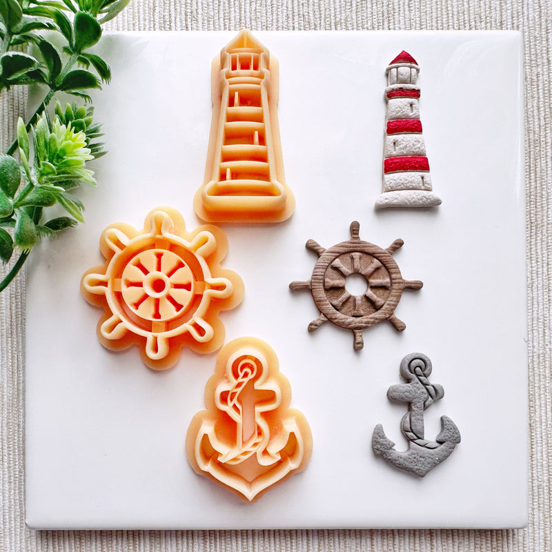 Nautical Clay Cutter Set – Anchor, Lighthouse & Helm Polymer Clay Cutters